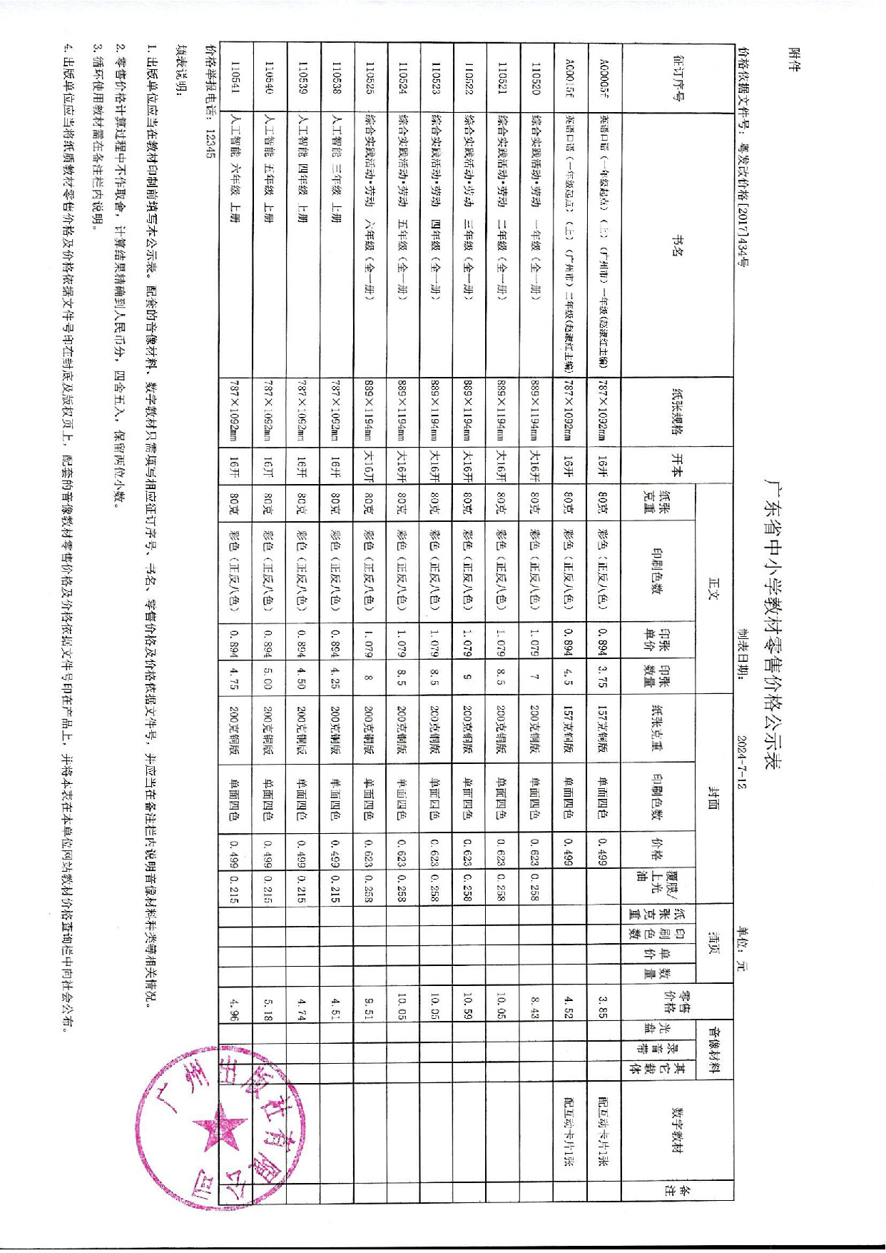 关于广州出版社有限公司2024年秋季教材申请零售价格的请示